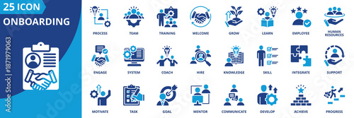 onboarding icon set collection in solid glyph dual color style. pack contain welcome, training, learn, orient, progress, team, process, human resources, grow, support icon