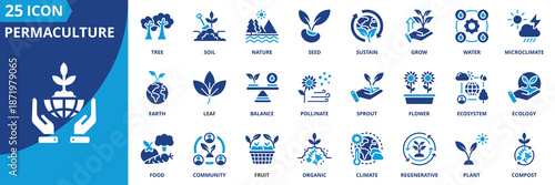permaculture icon set collection in solid glyph dual color style. pack contain nature, soil, plant, water, earth, grow, seed, regenerative, tree, ecosystem icon