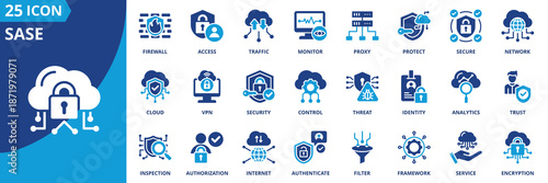 sase icon set collection in solid glyph dual color style. pack contain secure, access, network, cloud, protect, traffic, firewall, identity, inspection, service icon