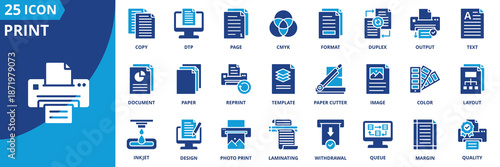 print icon set collection in solid glyph dual color style. pack contain inkjet, paper, copy, output, queue, duplex, page, format, layout, template icon