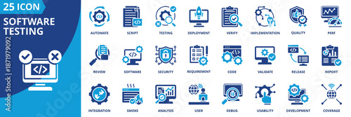 software testing icon set collection in solid glyph dual color style. pack contain testing, debug, quality, verify, script, deployment, coverage, implementation, automate, user icon