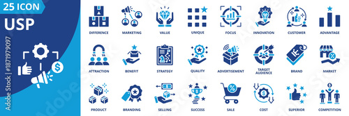 usp icon set collection in solid glyph dual color style. pack contain unique, value, focus, benefit, advantage, difference, quality, marketing, target audience, success icon