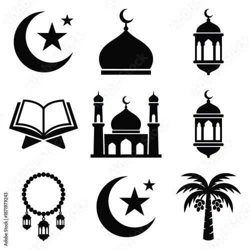 Islamic symbols and elements including crescent moons mosques lanterns and a religious book