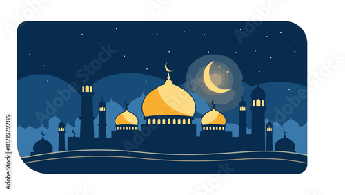 Illustration of a mosque during Ramadhan with a crescent moon in the night sky, featuring a large golden dome and minarets against a dark blue background with stars.