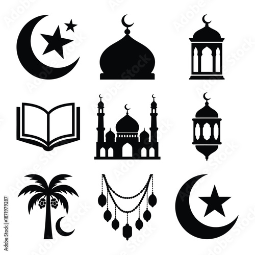 Islamic symbols collection featuring a crescent moon mosque holy book and traditional decorative elements