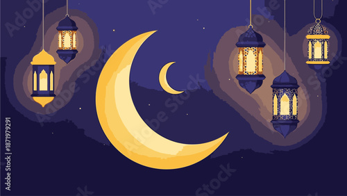Flat lay illustration of hanging lanterns and crescent moon on dark blue background, symbolizing Ramadhan with warm, golden tones and a serene mood.