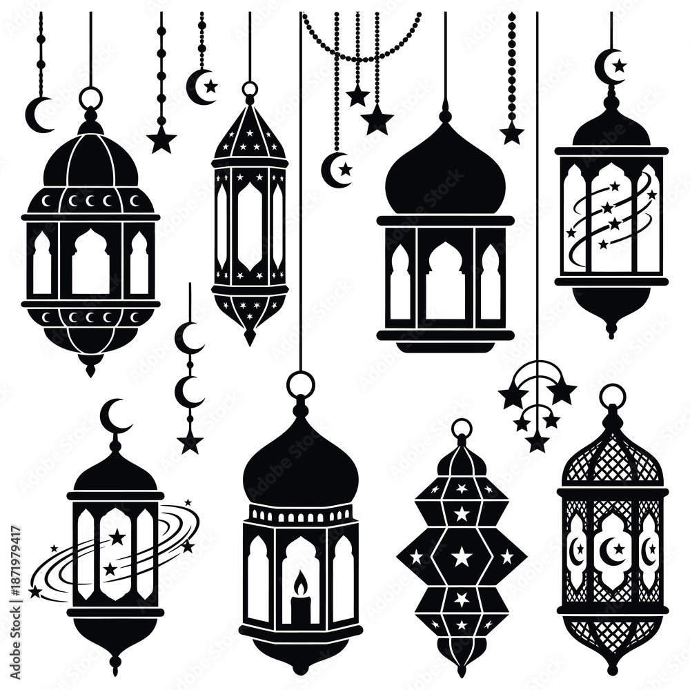Obraz premium Elegant ramadan lanterns and crescent moons create a beautiful islamic decorative pattern for celebrations