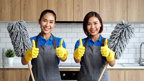 Wallpaper Mural Two Smiling Female Cleaners Demonstrating Modern Cleaning Tools in a Bright Kitchen Environment Torontodigital.ca