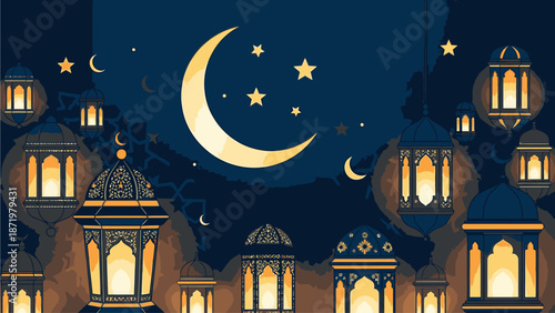 Illustration of a serene nighttime scene with glowing lanterns, crescent moon, and stars against a dark blue background, symbolizing Ramadhan.