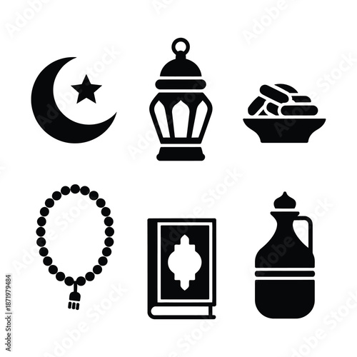 Islamic symbols including a crescent moon lantern dates prayer beads quran and water jug