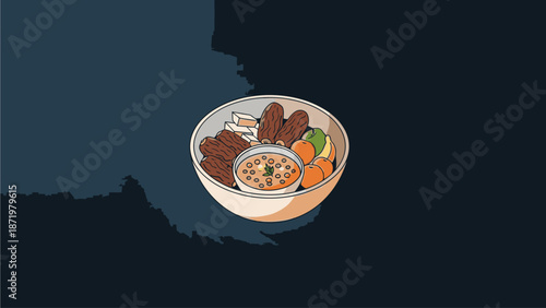 Flat lay of a traditional iftar meal during Ramadhan with dates, fruits, and samosas on a plate against a dark background.