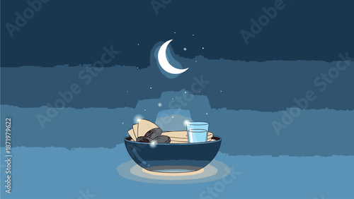 An illustration of a boat on water under a crescent moon at night during Ramadhan with a serene and peaceful mood.