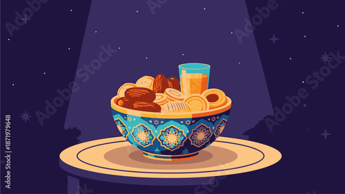 A vibrant still life of a decorated bowl filled with dates and a glass of juice on a plate against a starry night background, symbolizing Ramadhan.