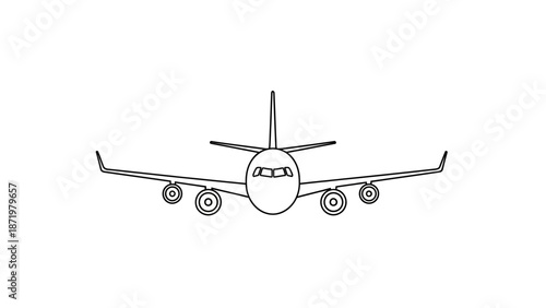Front View Outline Drawing of a Commercial Airplane on an Isolated White Background