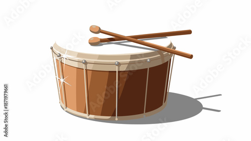 A brown drum with two drumsticks on top, casting a shadow on a white background, conveying a simple and musical mood.