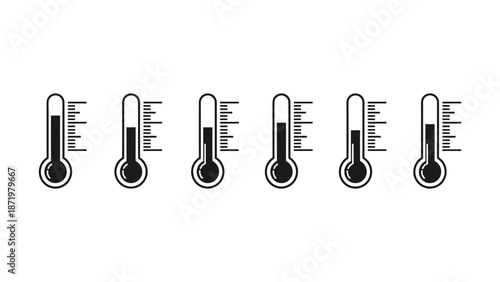 Collection of six black and white thermometer icons showing different temperature levels