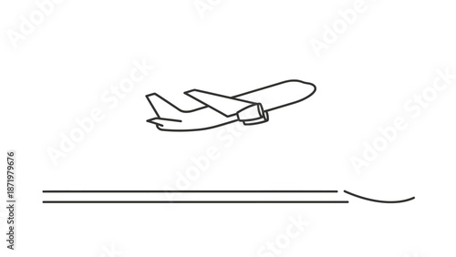 Outline Airplane Taking Off or Landing with Dotted Line Indicating Movement on an Isolated White Background
