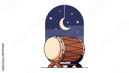 Illustration of a wooden drum with a night sky background featuring a crescent moon and stars, symbolizing Ramadhan.