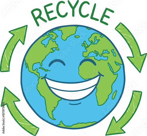 Smiling earth recycle illustration with green arrows and recycle text promoting sustainability eco friendly habits environmental protection concept