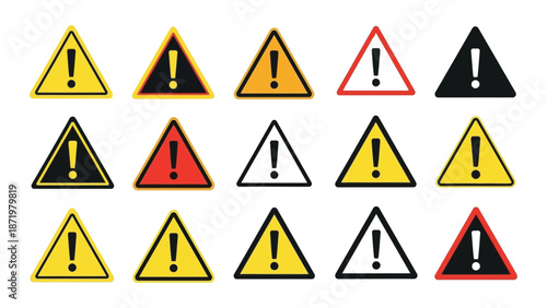 Collection of brightly colored triangular warning signs with central exclamation mark symbols