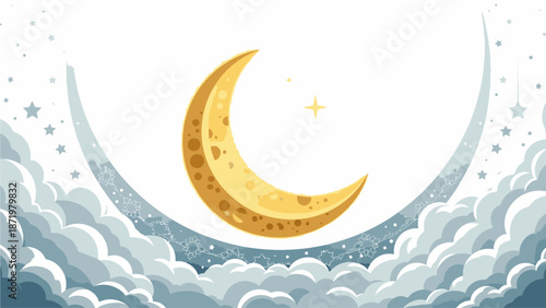 Illustration of a golden crescent moon shining brightly amidst fluffy clouds and twinkling stars in a serene night sky during Ramadhan.