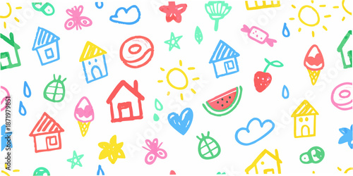 Colorful pattern of childlike doodles depicting various playful objects