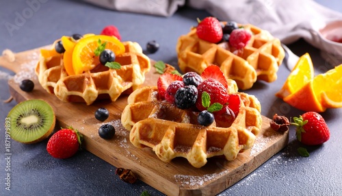Delicious Waffles Topped with Fresh Berries and Fruits.