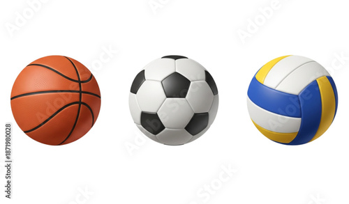 Sports balls 3D vector icon set with basketball football and volleyball