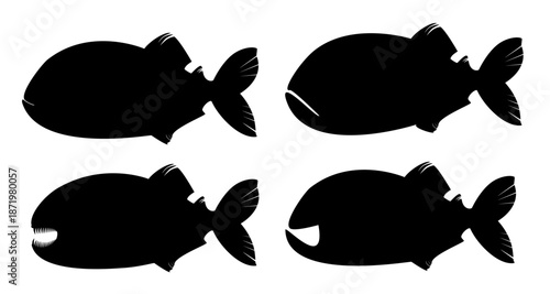4 sets of imaginary images of piranha fish silhouettes, isolated on white background.vector
