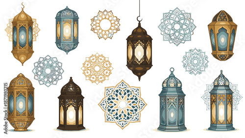 Collection of colorful lanterns and intricate mandala designs for Ramadhan decorations on a white background with warm tones.