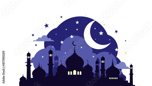 Silhouette of a mosque under a crescent moon and stars on a purple night sky with clouds, representing Ramadhan.