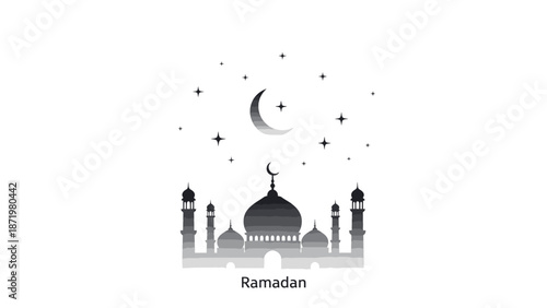 A serene illustration of a mosque with minarets and a crescent moon, surrounded by stars on a white background, symbolizing Ramadhan.