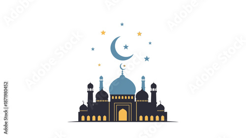 Flat illustration of a mosque with a crescent moon and stars on a white background, symbolizing Ramadhan with a calm and serene mood.