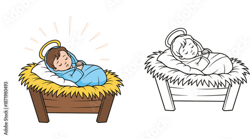 Cartoon illustration of Baby Jesus sleeping in a manger. Christmas nativity scene with color and black and white outline version for coloring book.