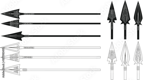 Tribal spear and arrowhead vector set with decorative patterns, ancient weapon collection, black white line art illustration design elements isolated