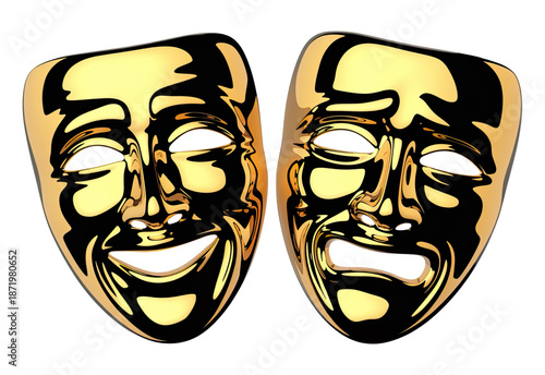 Elegant 3D Golden Masks Representing Comedy and Tragedy Drama