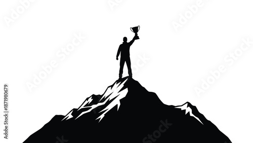 Silhouette of a climber holding a trophy on a mountain peak symbolizing achievement