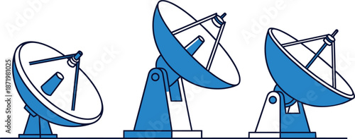Three blue satellite dishes on white background, illustration.