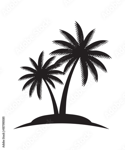 Two silhouetted palm trees on a small island, representing a tropical paradise getaway.