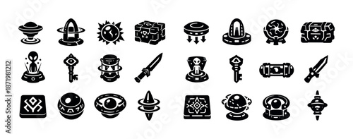 Monochrome sci-fi icons collection: ufos, keys, weapons, alien heads, orbs, and containers