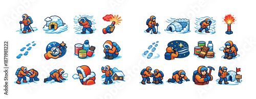 Cartoon explorers: winter adventures with camping and trekking activities