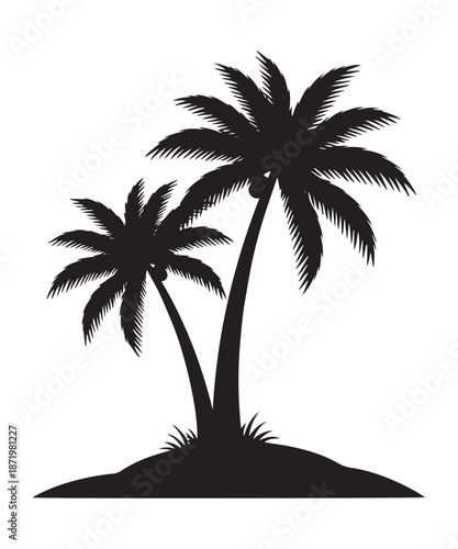 Silhouette of two palm trees on a small island, representing tropical paradise and vacation.