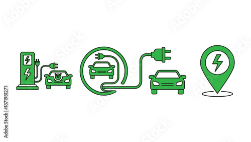 Set of green line icons representing electric vehicle charging battery status and location services