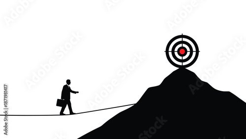 Silhouette of a businessman walking on a tightrope toward a target on a mountain peak