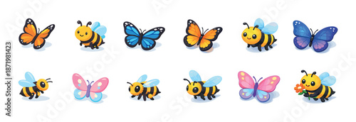 Colorful cartoon butterflies and bees collection on white background