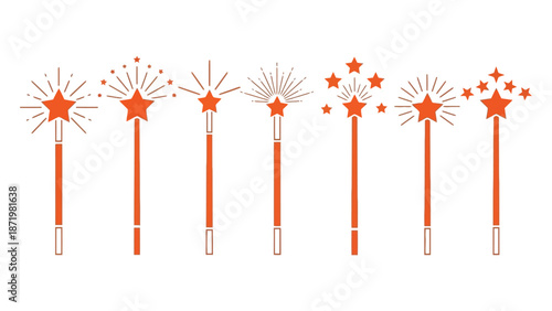 Collection of stylized orange magic wand icons with star toppers and light ray variations