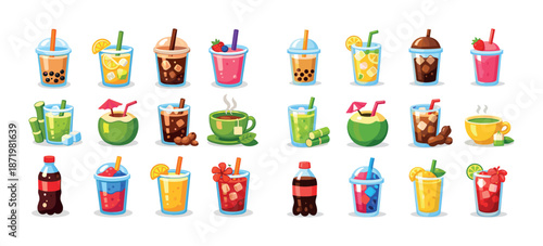 Assorted refreshing drinks with boba, soda, coconut, tea, and juice on white background