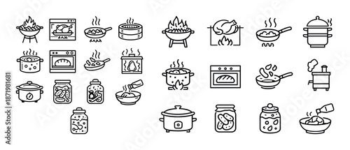 Simple cooking icons: baking, boiling, grilling, and preserving techniques