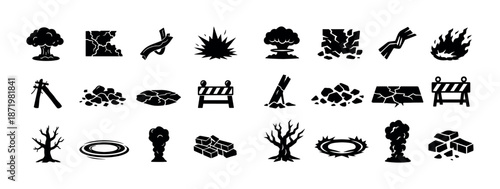 Set of disaster icons: explosion, earthquake, fire, nuclear, rubble symbols