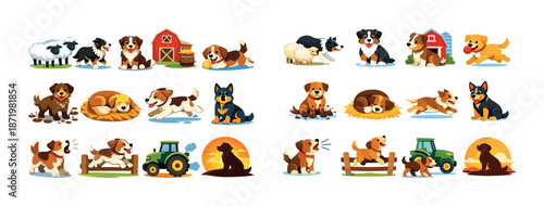 Cartoon farm dogs and farm animals with barn and tractor scenes